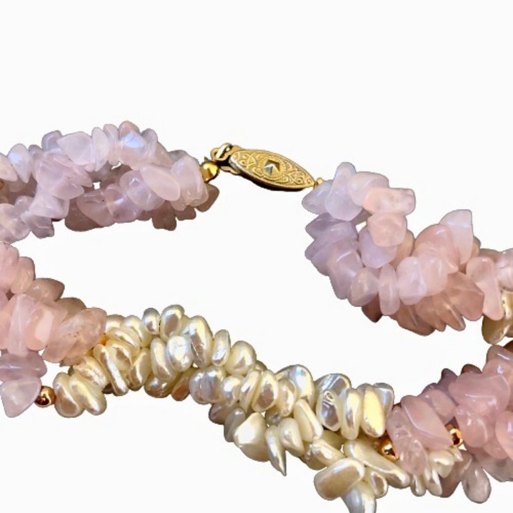 Vintage Necklace Freshwater Pearl + Rose Quartz Triple Multi-Strand Twis… - Picture 10 of 15